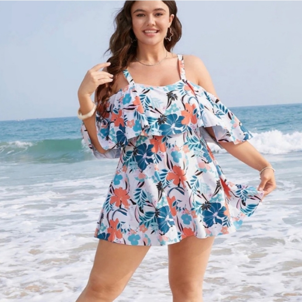 Bloomchic Tropical Adjustable Cold Shoulder Ruffles Swim Dress 18 20 2X NWT
